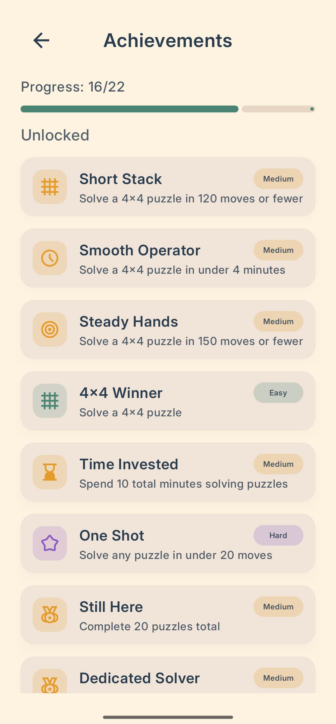 Snap To 15 achievements screen with progress and unlockable goals