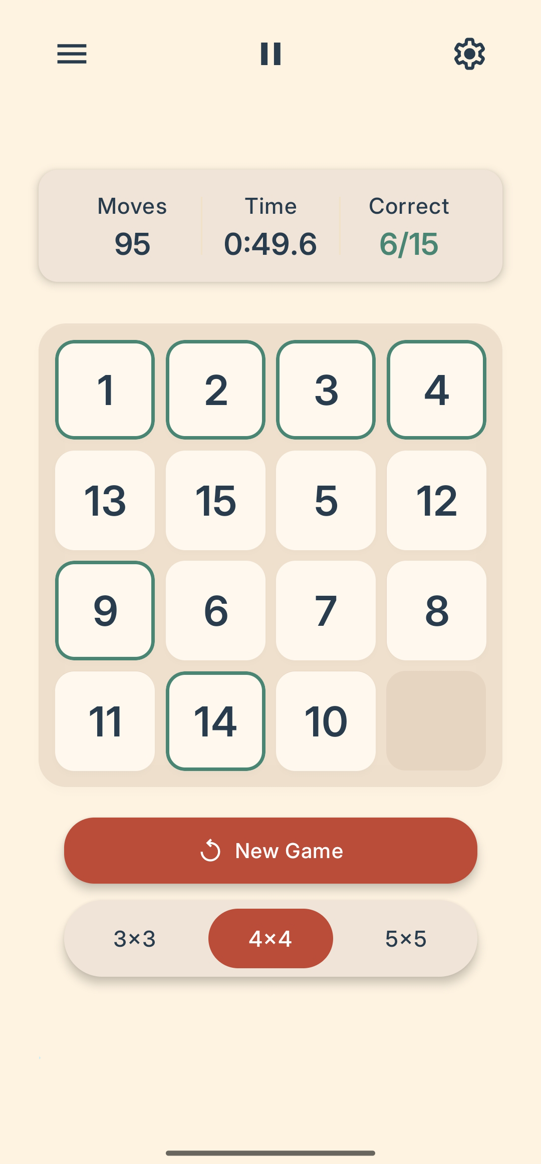Snap To 15 gameplay screen showing the puzzle board, timer, and move counter